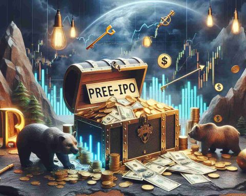 Create a realistic, high-definition image representing the concept of pre-IPO shares as a well-guarded secret in the investing world. The scene could include a treasure chest overflowing with shares, which are labeled with 'Pre-IPO', in a secluded and secure location. Also, include various investing-related symbols such as a bull and bear, stock market graphs, and a golden key labeled 'Investing Wisdom.'