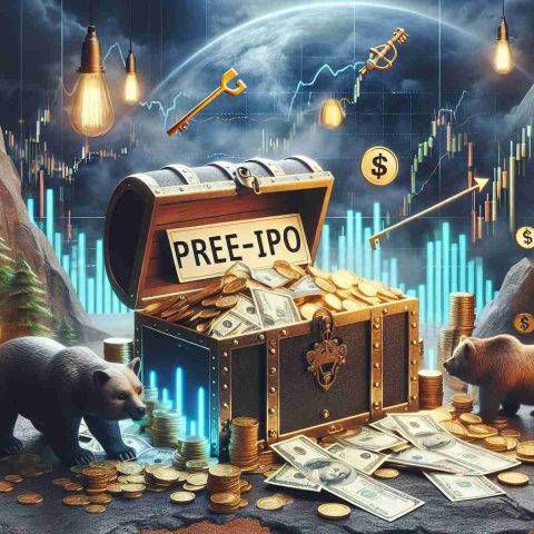 Create a realistic, high-definition image representing the concept of pre-IPO shares as a well-guarded secret in the investing world. The scene could include a treasure chest overflowing with shares, which are labeled with 'Pre-IPO', in a secluded and secure location. Also, include various investing-related symbols such as a bull and bear, stock market graphs, and a golden key labeled 'Investing Wisdom.'