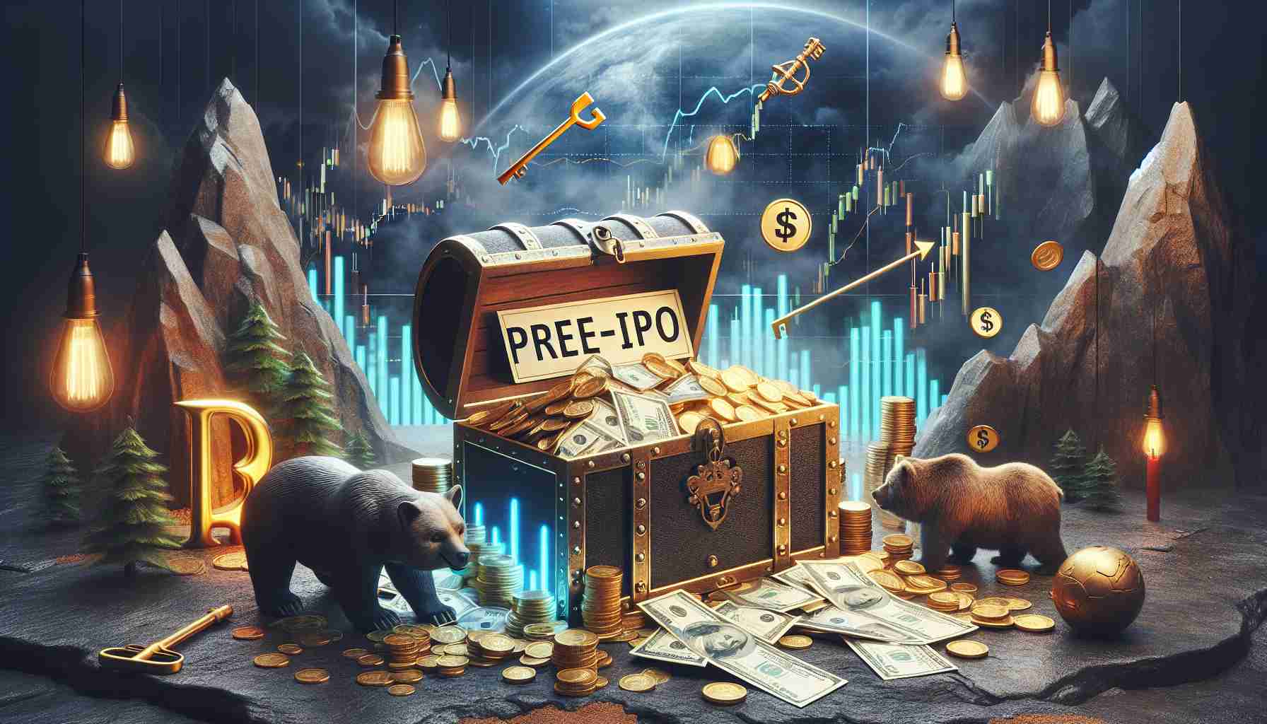 Create a realistic, high-definition image representing the concept of pre-IPO shares as a well-guarded secret in the investing world. The scene could include a treasure chest overflowing with shares, which are labeled with 'Pre-IPO', in a secluded and secure location. Also, include various investing-related symbols such as a bull and bear, stock market graphs, and a golden key labeled 'Investing Wisdom.'