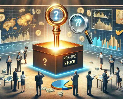 A high definition, realistic illustration showcasing the concept of Pre-IPO stock. The image should ideally include an oversized golden key unlocking a box with the label 'Pre-IPO Stock'. Surrounding this, are various business-related elements like charts, a stock market ticker, people in business suits discussing. Also include a question mark overlay to signify the mystery behind it, and a magnifying glass focusing on the unlocked box.