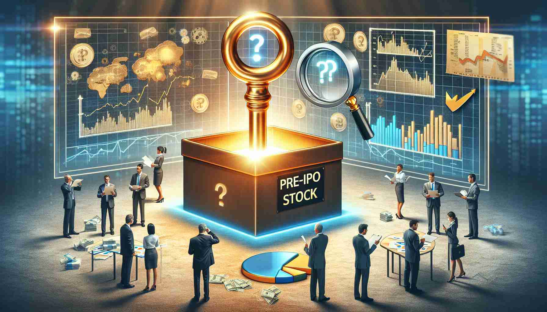 A high definition, realistic illustration showcasing the concept of Pre-IPO stock. The image should ideally include an oversized golden key unlocking a box with the label 'Pre-IPO Stock'. Surrounding this, are various business-related elements like charts, a stock market ticker, people in business suits discussing. Also include a question mark overlay to signify the mystery behind it, and a magnifying glass focusing on the unlocked box.