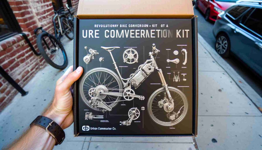 An HD image capturing the moment when a revolutionary bike conversion kit is being unveiled by Urban Commuter Co. The kit is presented as a practical solution for urban dwellers. It's known to transform traditional bikes into more efficient and environmentally friendly alternatives. The photo includes a detailed close-up of the high-tech components of the kit. The branding of Urban Commuter Co. is subtly displayed on the packaging and the parts of the kit.