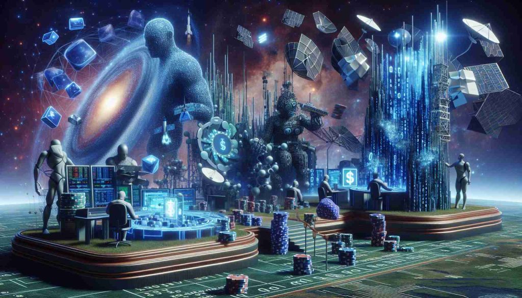 An elevated, realistic high-definition depiction of a metaphorical scene representing technology giants. The scene should show large giant-like figures, embodied as computerized beings, placing their bets on distinctive futuristic technology icons. These may include features like AI-based robots, quantum computers, and satellite gear. The environment should be reminiscent of a high-tech digital space, filled with binary codes and other digital elements, conveying a message of the future of technology and the gambling-like nature of investment in this field.