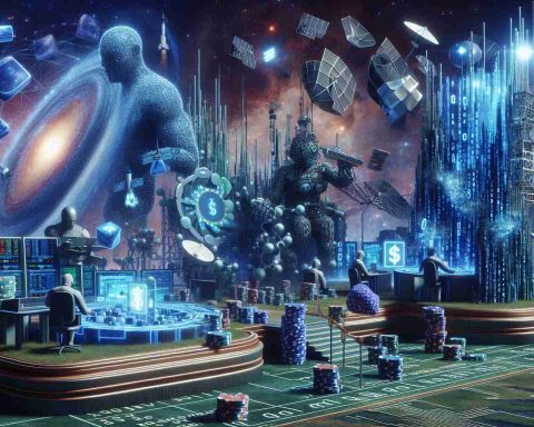 An elevated, realistic high-definition depiction of a metaphorical scene representing technology giants. The scene should show large giant-like figures, embodied as computerized beings, placing their bets on distinctive futuristic technology icons. These may include features like AI-based robots, quantum computers, and satellite gear. The environment should be reminiscent of a high-tech digital space, filled with binary codes and other digital elements, conveying a message of the future of technology and the gambling-like nature of investment in this field.