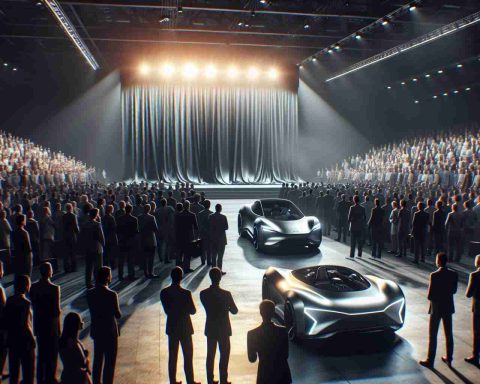 Render a realistic, high-definition image of an exciting, clandestine event where an automobile manufacturer is revealing a highly innovative, transformative vehicle. The atmosphere is tinged with anticipation, as the audience - composed of onlookers comes from various ethnic backgrounds - observes the dramatic unveiling of the leading-edge transportation technology.