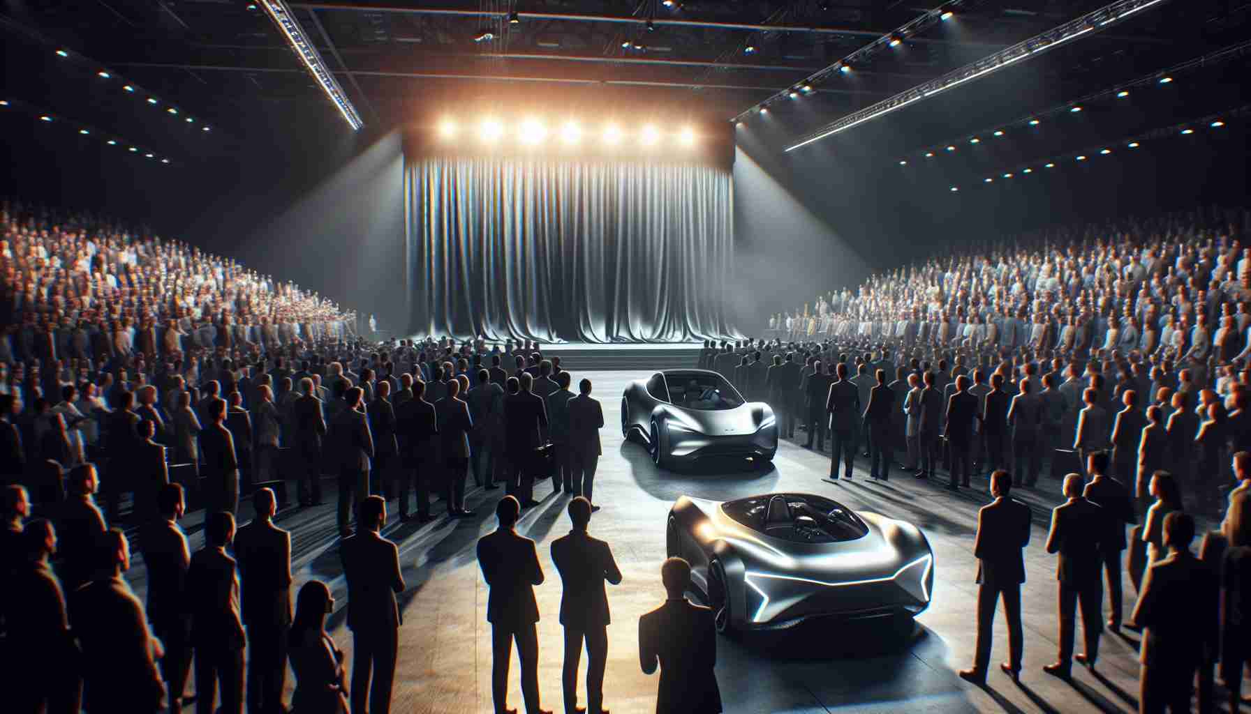 Render a realistic, high-definition image of an exciting, clandestine event where an automobile manufacturer is revealing a highly innovative, transformative vehicle. The atmosphere is tinged with anticipation, as the audience - composed of onlookers comes from various ethnic backgrounds - observes the dramatic unveiling of the leading-edge transportation technology.