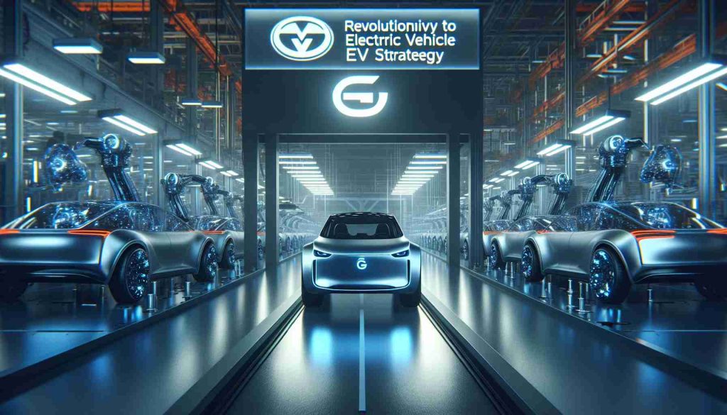 Create a scene that reflects a revolutionary approach to electric vehicle (EV) strategy, emanating from a general automobile manufacturer. This scene should depict a high-definition image of innovative, futuristic electric vehicles in an assembly line or showroom, showcasing advanced technology. The manufacturer's logo is a stylized capital 'G' & 'M' that is distinct but doesn't belong to any real-life brand.