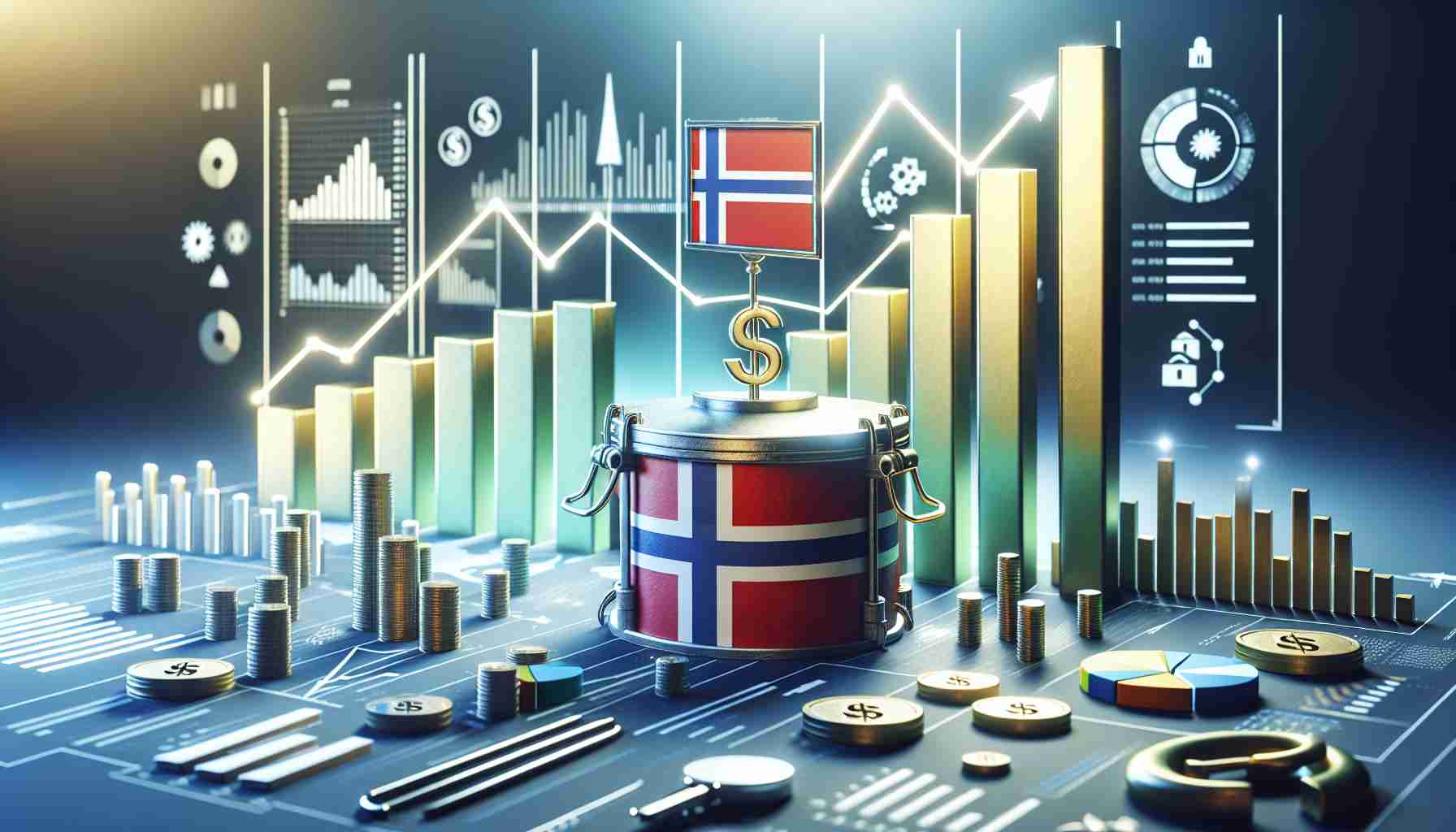 A realistic high definition image displaying a positive economic forecast for Norway. The image can include key economic indicators such as rising graphs, bar charts and pie charts to symbolise strong growth. It can also include symbols of stability such as a secure vault or a balanced scale, signifying stable finances for the future. The overall tone of the image should be optimistic, symbolising prosperous times ahead for the Norwegian economy.