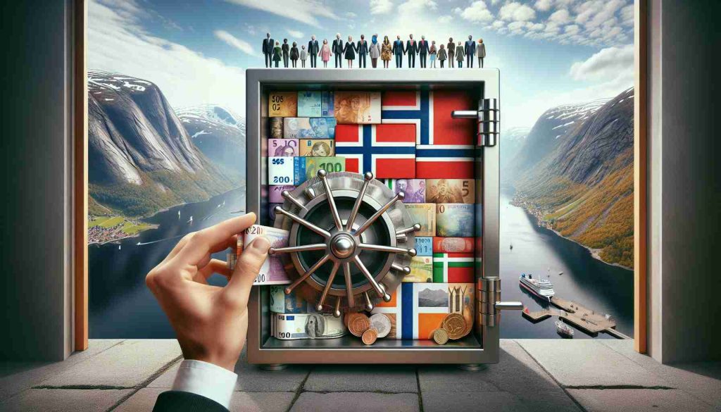 High-definition, realistic photograph depicting the concept of international support for civil societies. The scene is set in Norway, with a backdrop of iconic Norwegian landscapes such as fjords and mountains. A metaphorical representation of the funding allocation is illustrated by a large safe filled with Norwegian currency being unlocked. Additionally, visualize a symbolic representation of civil society – a variety of individuals from different genders and descents (such as Caucasian, Middle-Eastern, Hispanic, Black, South Asian), grouped together, emphasizing collaboration and dialogue. Contrast and harmony in the image should denote the importance of support and unity in the advancement of civil societies.