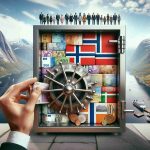 High-definition, realistic photograph depicting the concept of international support for civil societies. The scene is set in Norway, with a backdrop of iconic Norwegian landscapes such as fjords and mountains. A metaphorical representation of the funding allocation is illustrated by a large safe filled with Norwegian currency being unlocked. Additionally, visualize a symbolic representation of civil society – a variety of individuals from different genders and descents (such as Caucasian, Middle-Eastern, Hispanic, Black, South Asian), grouped together, emphasizing collaboration and dialogue. Contrast and harmony in the image should denote the importance of support and unity in the advancement of civil societies.