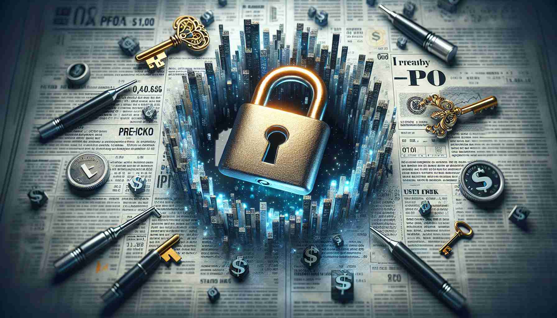 Create a hyper-realistic high-definition image showing a symbolic representation of the process of unlocking secrets related to purchasing Pre-IPO stocks. The image might include a large key, a lock placed in the middle of a stock certificate or the stock market page of a newspaper, as well as some text or icon to indicate the pre-IPO status. This visual metaphor packed scene should maintain a business-oriented color palette comprising majorly of deep blues, grays, and gold for the key (representing wealth), against a white or light-colored background.