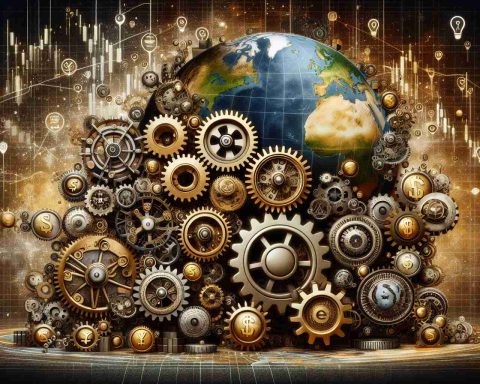 High definition, realistic illustration of a metaphorical representation of stock exchanges keeping the financial world turning. Depict large gears and cogs, intricately interconnected, symbolizing different global markets. Each gear could bear symbols or icons representing various aspects of finance such as currency symbols, stock market graphs, etc. Also include a globe as a background element to represent the world. Colors should be warm and inviting but professional - think golds, silvers and earth tones. The scene should present a sense of robustness and awe-inspiring complexity, evocative of the global financial system.