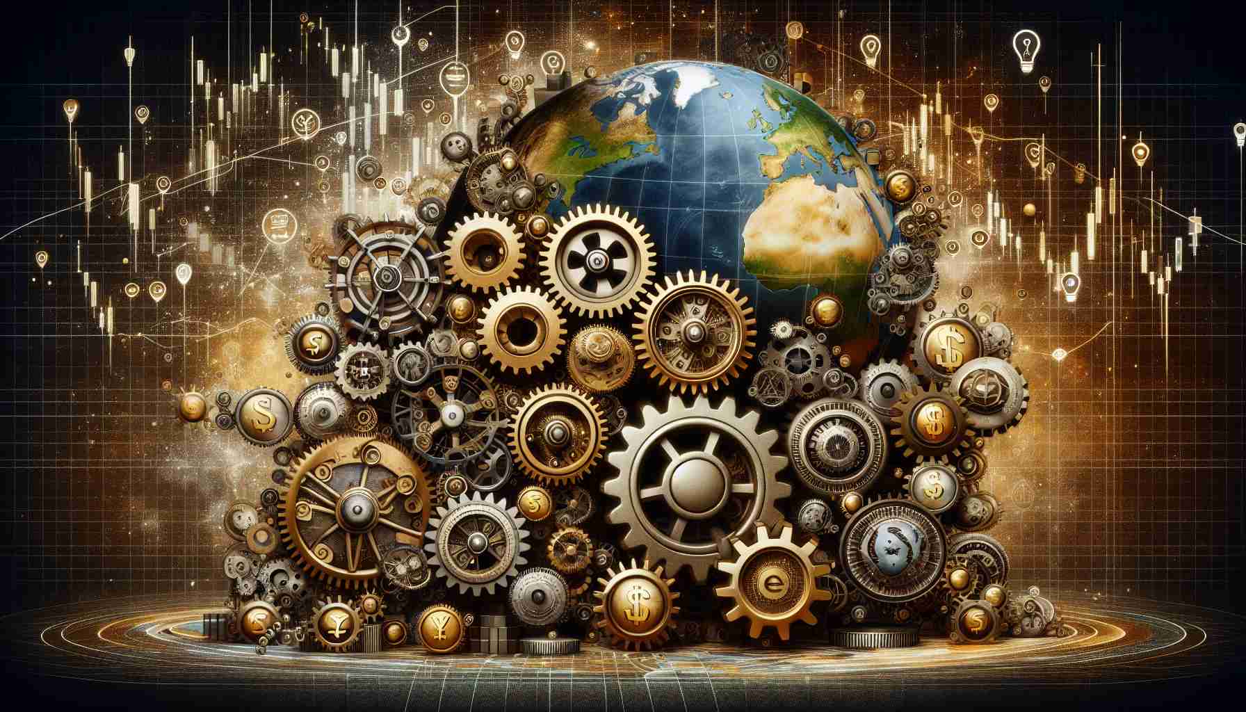 High definition, realistic illustration of a metaphorical representation of stock exchanges keeping the financial world turning. Depict large gears and cogs, intricately interconnected, symbolizing different global markets. Each gear could bear symbols or icons representing various aspects of finance such as currency symbols, stock market graphs, etc. Also include a globe as a background element to represent the world. Colors should be warm and inviting but professional - think golds, silvers and earth tones. The scene should present a sense of robustness and awe-inspiring complexity, evocative of the global financial system.