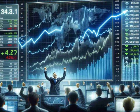 A realistic HD depiction of a digital stock market dashboard displaying a significant surge in stock prices. The dashboard shows diverse numbers and charts representing various global stocks skyrocketing, the rising lines on the graphs reaching unprecedented heights. The background is filled with eager brokers visibly thrilled by the market's performance. The entire scene conveys a sense of excitement and frenzy, typical of Wall Street during a market boom.