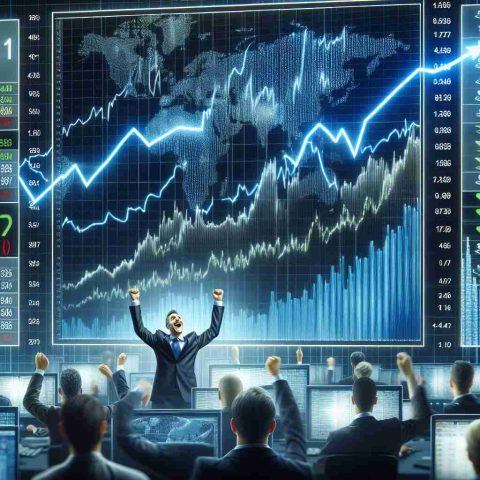 A realistic HD depiction of a digital stock market dashboard displaying a significant surge in stock prices. The dashboard shows diverse numbers and charts representing various global stocks skyrocketing, the rising lines on the graphs reaching unprecedented heights. The background is filled with eager brokers visibly thrilled by the market's performance. The entire scene conveys a sense of excitement and frenzy, typical of Wall Street during a market boom.