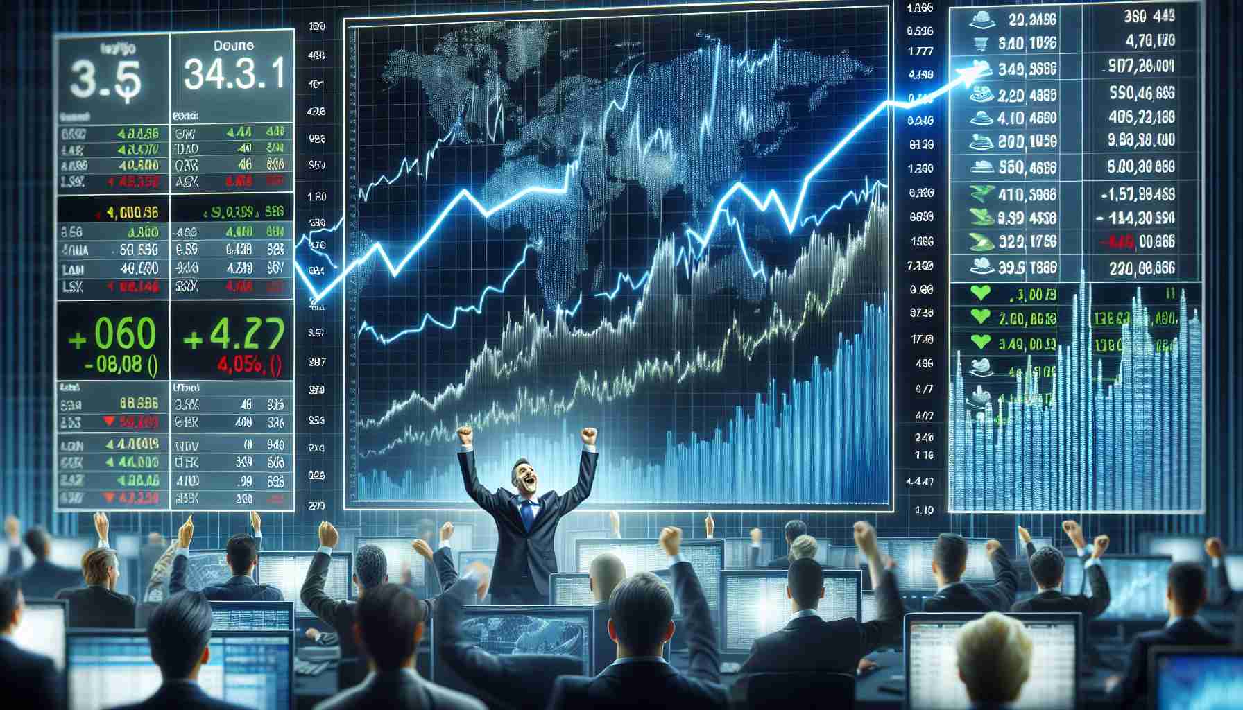 A realistic HD depiction of a digital stock market dashboard displaying a significant surge in stock prices. The dashboard shows diverse numbers and charts representing various global stocks skyrocketing, the rising lines on the graphs reaching unprecedented heights. The background is filled with eager brokers visibly thrilled by the market's performance. The entire scene conveys a sense of excitement and frenzy, typical of Wall Street during a market boom.