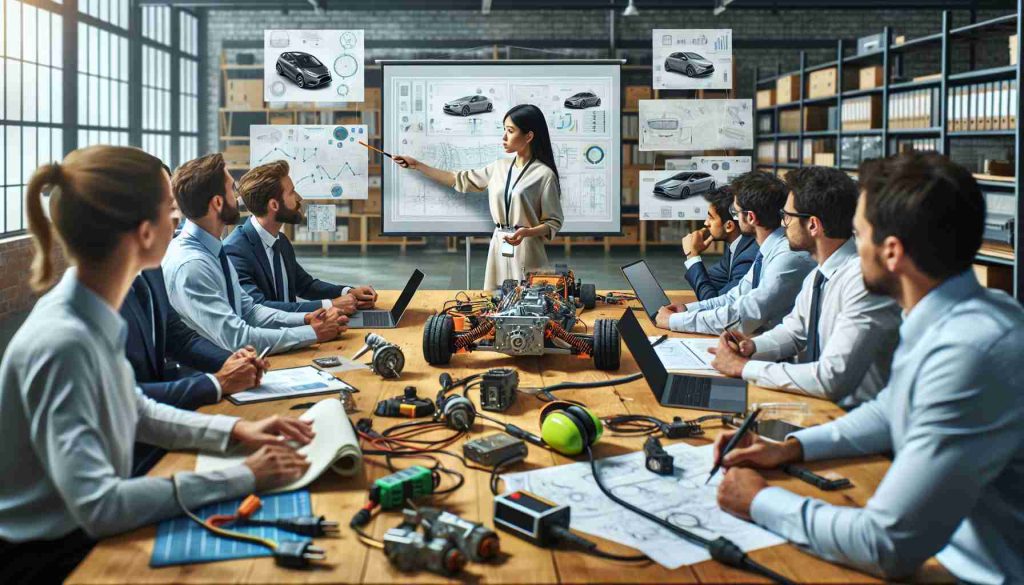 High-definition, realistic image of an investigation being launched into electric vehicle safety technology. In the background, there's a conference room filled with a diverse team of investigators. Seen on the table are electric vehicle components, laptops, reports, blueprints, and safety gear. A South Asian female leading the discussion points towards a screen presenting safety data. There's also a Caucasian male carefully examining a car battery. In the foreground, a Middle-Eastern technician is seen using high-tech equipment to test an electric motor.