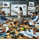 High-definition, realistic image of an investigation being launched into electric vehicle safety technology. In the background, there's a conference room filled with a diverse team of investigators. Seen on the table are electric vehicle components, laptops, reports, blueprints, and safety gear. A South Asian female leading the discussion points towards a screen presenting safety data. There's also a Caucasian male carefully examining a car battery. In the foreground, a Middle-Eastern technician is seen using high-tech equipment to test an electric motor.