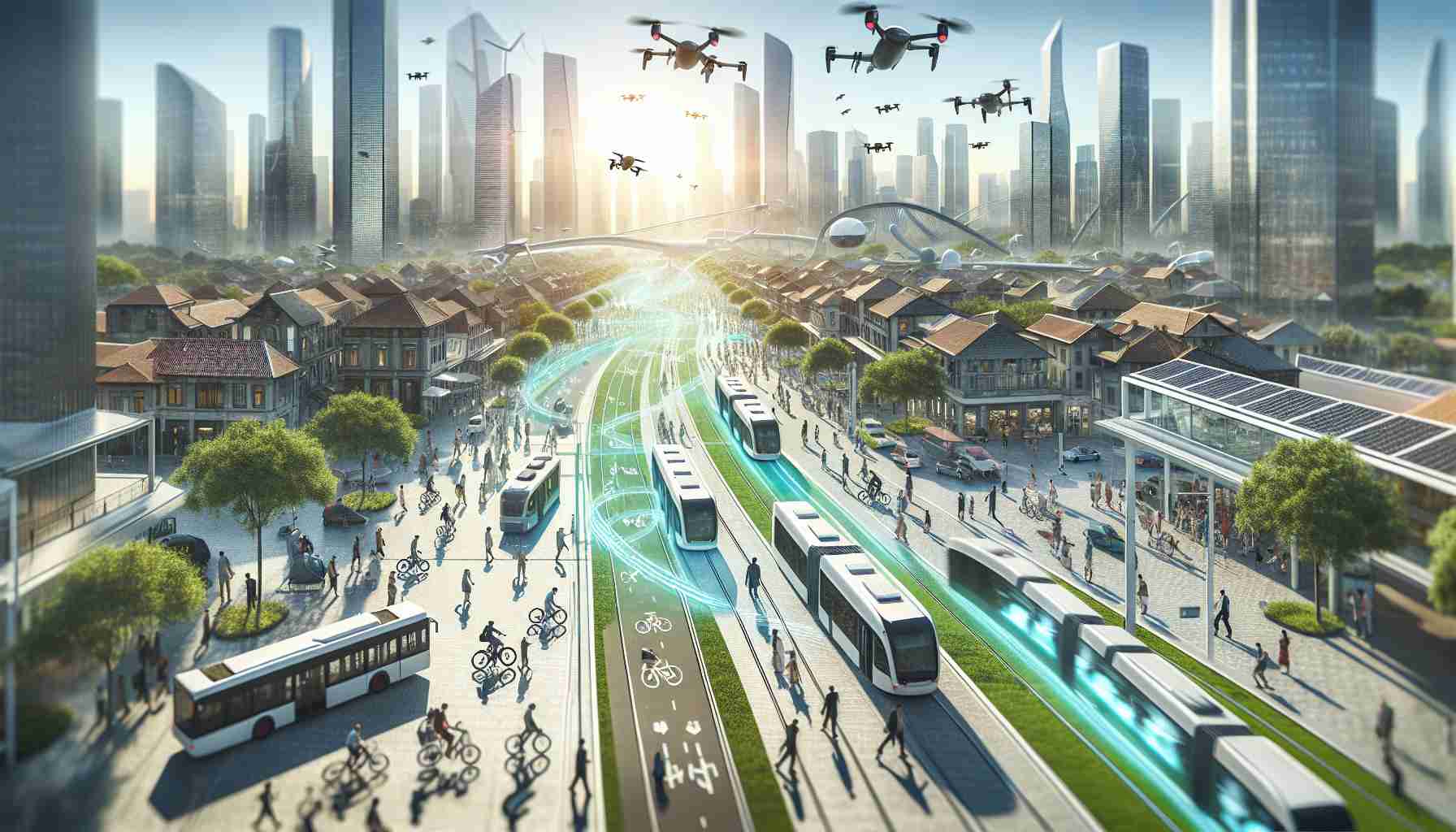 A realistic, high definition image presenting the concept of the future of urban mobility through sustainable solutions. Picture a bustling cityscape with a fusion of traditional and futuristic architecture. Woven throughout the city are a variety of eco-friendly transport modes: solar-powered buses navigating the streets, a network of bicycle lanes bustling with commuters, pedestrian paths filled with people of all genders and descents. Above, silhouettes of silent, energy-efficient drones go about their tasks. A clean energy tram system glides seamlessly amid the activity. The sky is bright, symbolizing a hopeful future driven by sustainable innovation.