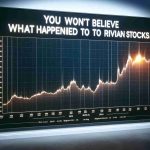 A realistic high-definition digital representation of a graph depicting the fluctuations of Rivian's stocks with captions that read 'You Won't Believe What Happened to Rivian Stocks'. Included should be a line marking the significant rise or fall coupled with dates and values for context.