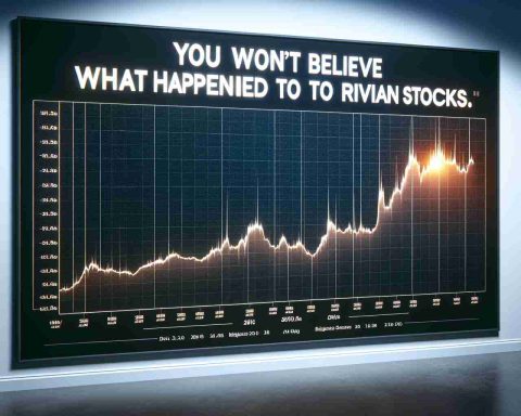 A realistic high-definition digital representation of a graph depicting the fluctuations of Rivian's stocks with captions that read 'You Won't Believe What Happened to Rivian Stocks'. Included should be a line marking the significant rise or fall coupled with dates and values for context.