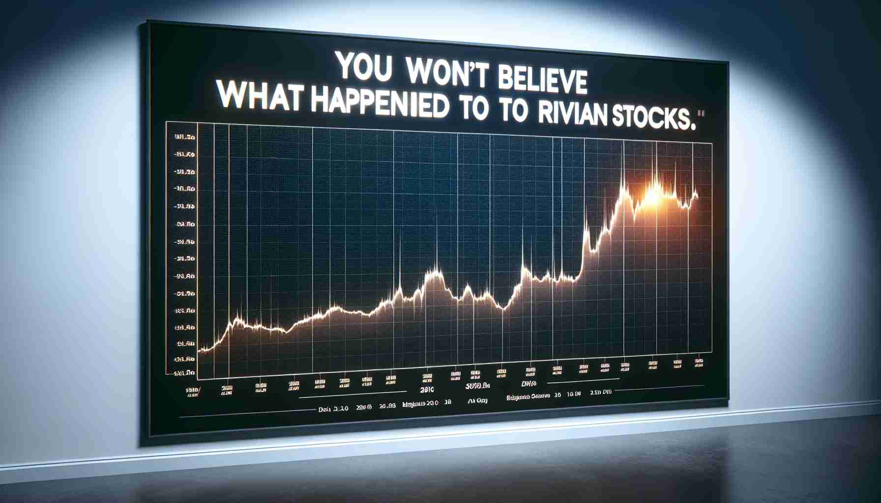 A realistic high-definition digital representation of a graph depicting the fluctuations of Rivian's stocks with captions that read 'You Won't Believe What Happened to Rivian Stocks'. Included should be a line marking the significant rise or fall coupled with dates and values for context.