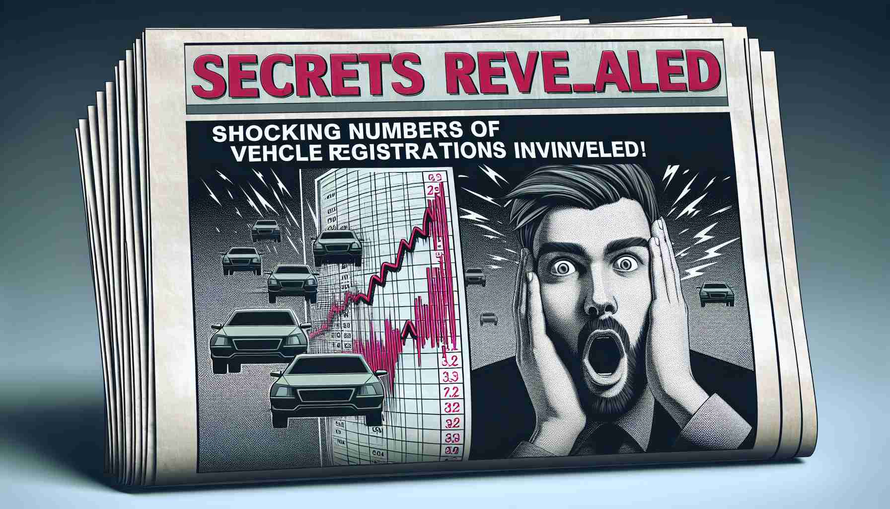 Generate a high-definition photo realism style image portraying the title 'Secrets Revealed: Shocking Numbers of Vehicle Registrations Unveiled!' Perhaps this could be displayed on a bold headline of a newspaper, with figures and graphs showing an unexpected surge in vehicle registrations, and a shocked expression on a reader's face.