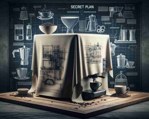 An image depicting a high-definition, realistic scene displaying an innovative strategy aimed at transforming the way people enjoy coffee. This could include a variety of advanced brewing techniques and methods, new blends or roasts, specialized cups or mugs, and even unique spaces designed for coffee consumption. The image should teasingly suggest there's a secret to be unveiled -- perhaps a covered machine or faintly visible blueprint, or the words 'secret plan' subtly hinted somewhere to build curiosity.