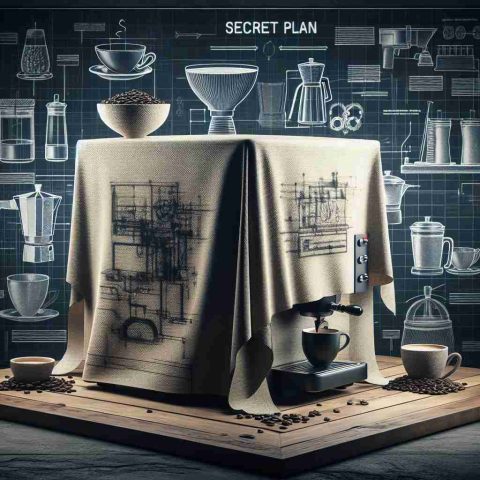 An image depicting a high-definition, realistic scene displaying an innovative strategy aimed at transforming the way people enjoy coffee. This could include a variety of advanced brewing techniques and methods, new blends or roasts, specialized cups or mugs, and even unique spaces designed for coffee consumption. The image should teasingly suggest there's a secret to be unveiled -- perhaps a covered machine or faintly visible blueprint, or the words 'secret plan' subtly hinted somewhere to build curiosity.