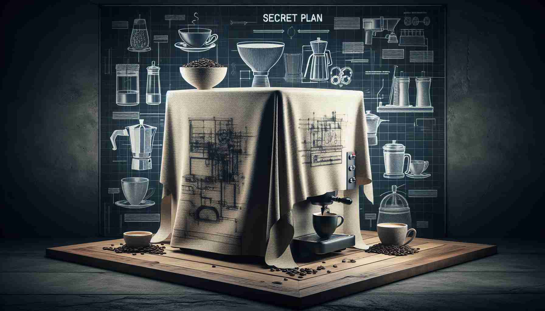 An image depicting a high-definition, realistic scene displaying an innovative strategy aimed at transforming the way people enjoy coffee. This could include a variety of advanced brewing techniques and methods, new blends or roasts, specialized cups or mugs, and even unique spaces designed for coffee consumption. The image should teasingly suggest there's a secret to be unveiled -- perhaps a covered machine or faintly visible blueprint, or the words 'secret plan' subtly hinted somewhere to build curiosity.