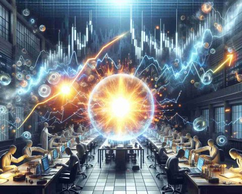 Render an ultra high-definition image that depicts a scene of revolutionary energy discovery triggering a market frenzy. Visualize this as a metaphorical representation with a radiant source of new energy like a glowing sphere in the scientists' lab causing an avalanche of stock market graphs trending upwards.