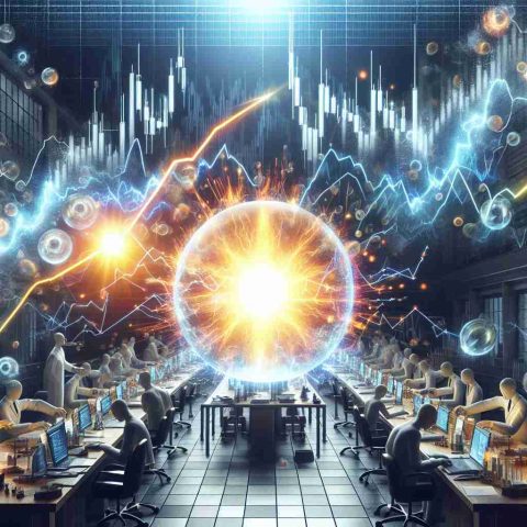 Render an ultra high-definition image that depicts a scene of revolutionary energy discovery triggering a market frenzy. Visualize this as a metaphorical representation with a radiant source of new energy like a glowing sphere in the scientists' lab causing an avalanche of stock market graphs trending upwards.