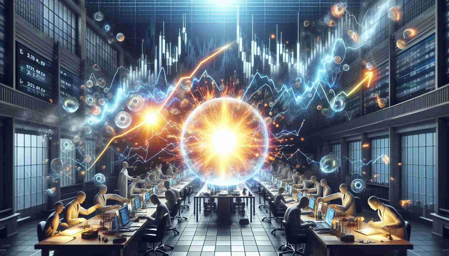 Render an ultra high-definition image that depicts a scene of revolutionary energy discovery triggering a market frenzy. Visualize this as a metaphorical representation with a radiant source of new energy like a glowing sphere in the scientists' lab causing an avalanche of stock market graphs trending upwards.