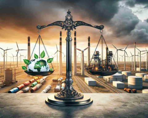 A realistic high definition image representing a critical decision that could shape the future of a major North American energy company. This can be visualized as a symbolic image of balance scales, with one side representing eco-friendly renewable energy sources and the other representing traditional fossil fuels, set against the backdrop of industrial settings with a mix of modern wind turbines and traditional oil derricks. The energy company logo is in the foreground, indicating its central role in this crucial decision.