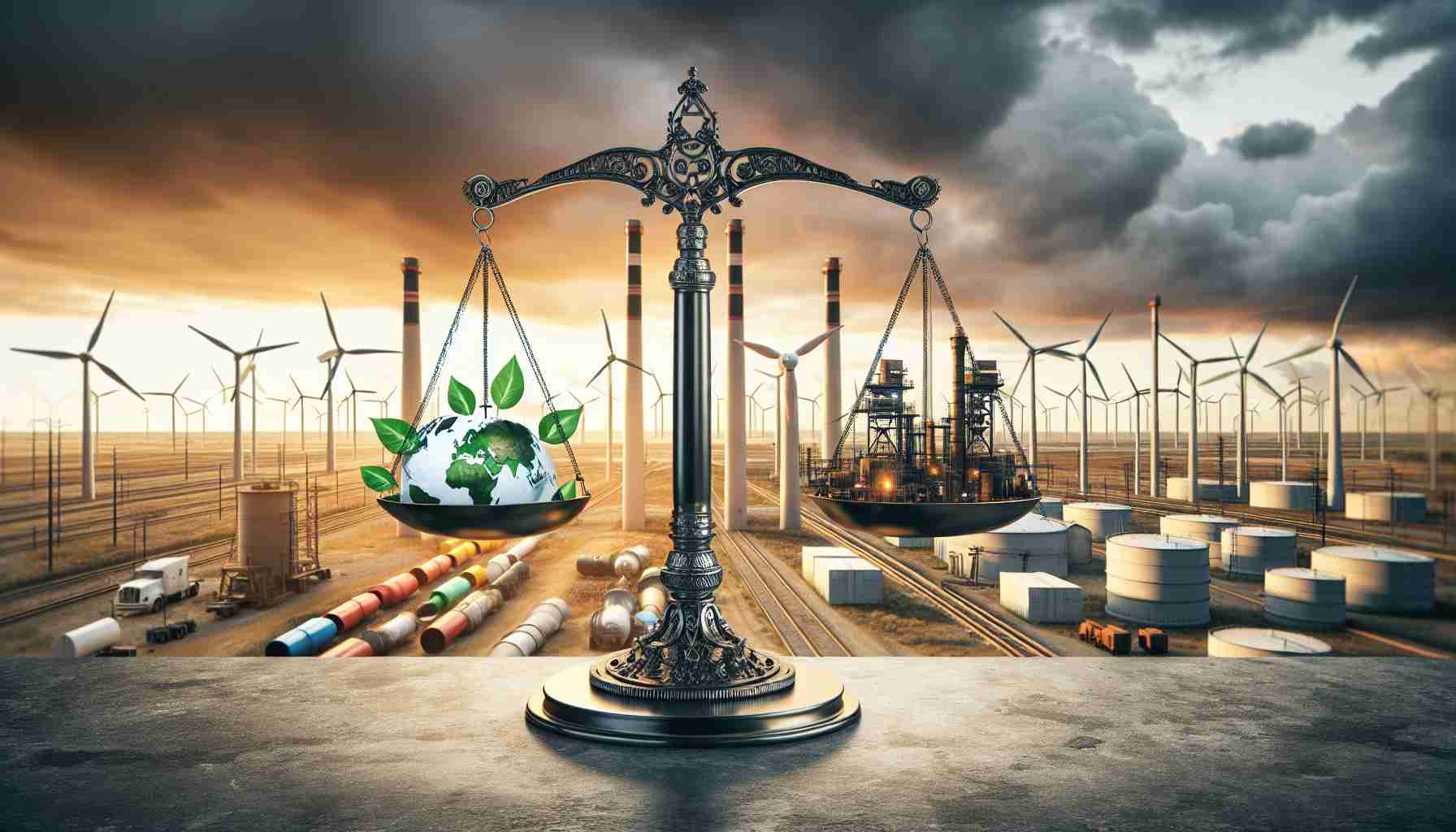 A realistic high definition image representing a critical decision that could shape the future of a major North American energy company. This can be visualized as a symbolic image of balance scales, with one side representing eco-friendly renewable energy sources and the other representing traditional fossil fuels, set against the backdrop of industrial settings with a mix of modern wind turbines and traditional oil derricks. The energy company logo is in the foreground, indicating its central role in this crucial decision.