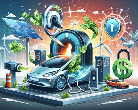 A high definition, realistic image depicting the scenario of 'Unlocking Energy Savings: The Surprising Method to Slash Your EV Charging Costs'. Include a visually pleasing illustration of an electric vehicle being plugged into a charging device. Around this central image, show various elements symbolizing energy saving such as a key being turned into a lock with dollar bills gushing out, a solar panel with arrows pointing towards the car suggesting power transfer, and some eco-friendly designs like a windmill. The background could be a modern cityscape to indicate the relevance and progression of technology.