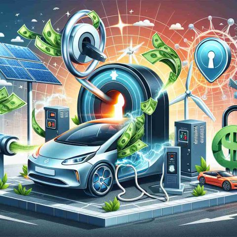 A high definition, realistic image depicting the scenario of 'Unlocking Energy Savings: The Surprising Method to Slash Your EV Charging Costs'. Include a visually pleasing illustration of an electric vehicle being plugged into a charging device. Around this central image, show various elements symbolizing energy saving such as a key being turned into a lock with dollar bills gushing out, a solar panel with arrows pointing towards the car suggesting power transfer, and some eco-friendly designs like a windmill. The background could be a modern cityscape to indicate the relevance and progression of technology.