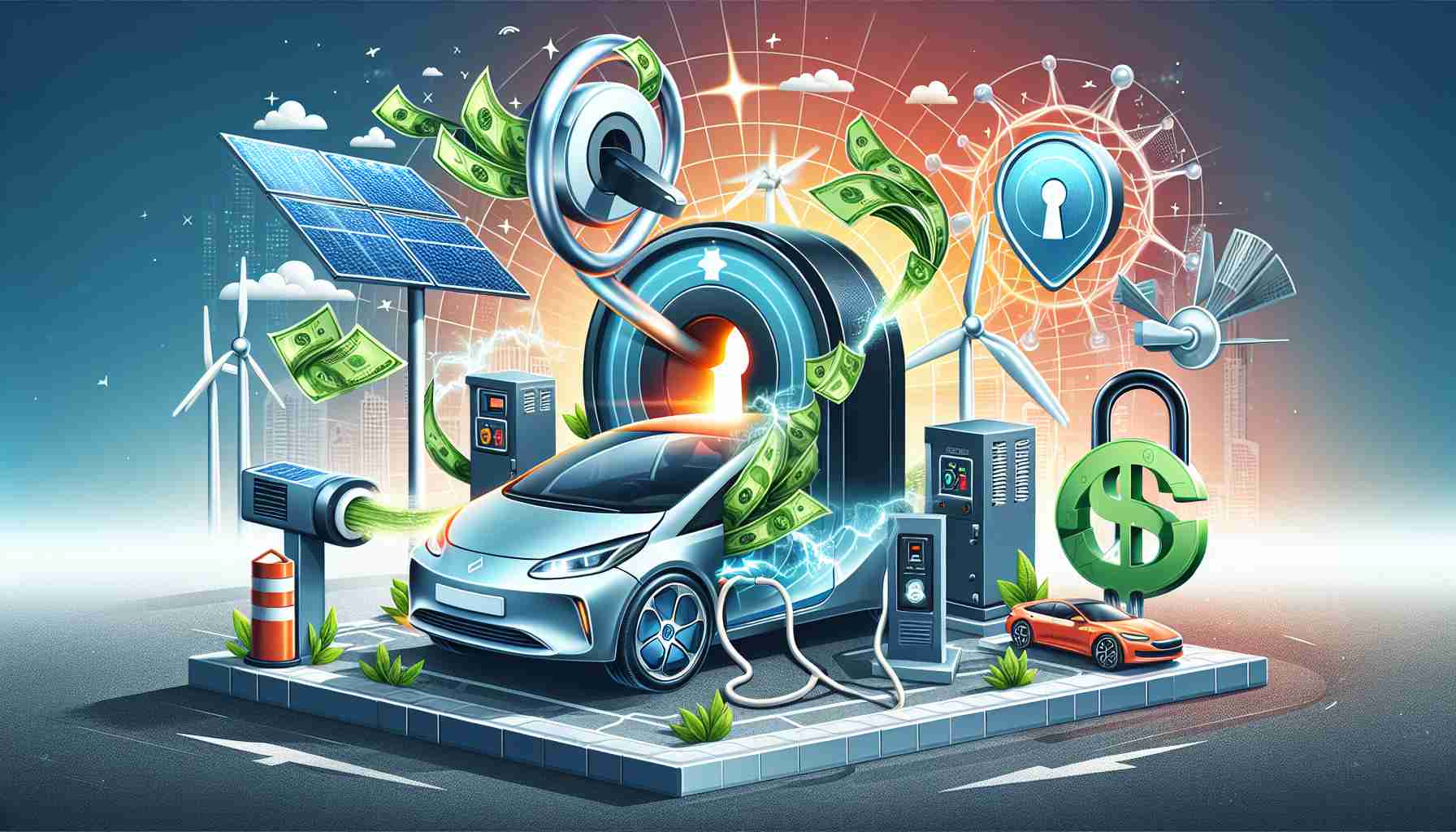 A high definition, realistic image depicting the scenario of 'Unlocking Energy Savings: The Surprising Method to Slash Your EV Charging Costs'. Include a visually pleasing illustration of an electric vehicle being plugged into a charging device. Around this central image, show various elements symbolizing energy saving such as a key being turned into a lock with dollar bills gushing out, a solar panel with arrows pointing towards the car suggesting power transfer, and some eco-friendly designs like a windmill. The background could be a modern cityscape to indicate the relevance and progression of technology.