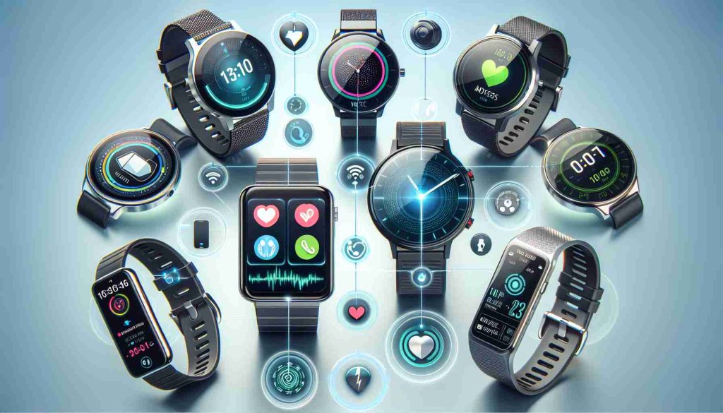 Generate a detailed, realistic HD image of various smartwatches demonstrating their extensive potential. Include smartwatches displaying different functions such as message notification, GPS tracking, heartbeat monitoring, and fitness tracking. Additionally, there should be an image of a smartwatch synchronizing with a smartphone, illustrating the convenience and interconnectivity potential of these wearable devices.