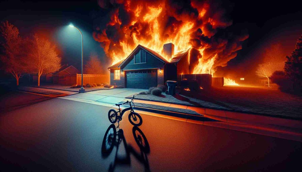 A hyper-realistic, high-definition composition of a suburban residence in Colorado Springs under the harrowing influence of a nocturnal fire, ignited unintentionally by an electric bike. The color palette is dominated by the fierce hues of orange and red, underscored by the starkness of the night sky. The bike is partially visible, adding an element of the culprit to the scene. Shadows of the surrounding objects are cast long and dramatic, as if silently narrating the unfolding catastrophe.