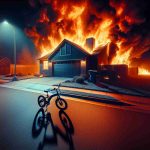 A hyper-realistic, high-definition composition of a suburban residence in Colorado Springs under the harrowing influence of a nocturnal fire, ignited unintentionally by an electric bike. The color palette is dominated by the fierce hues of orange and red, underscored by the starkness of the night sky. The bike is partially visible, adding an element of the culprit to the scene. Shadows of the surrounding objects are cast long and dramatic, as if silently narrating the unfolding catastrophe.