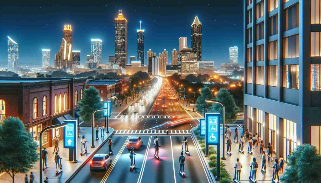 Generate a high-definition realistic image showing the city of Atlanta during night time. The city streets should be illuminated and lively, with people from various descents and genders using electronic scooters as a primary means of transportation. This scene illustrates the extended operation hours of e-scooters to support public transit, hence there should also be visual cues indicating this policy such as informational signage or people checking time on their devices.