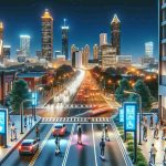 Generate a high-definition realistic image showing the city of Atlanta during night time. The city streets should be illuminated and lively, with people from various descents and genders using electronic scooters as a primary means of transportation. This scene illustrates the extended operation hours of e-scooters to support public transit, hence there should also be visual cues indicating this policy such as informational signage or people checking time on their devices.