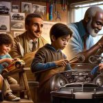 Generate a realistic high-definition image that depicts the evolution of a passionate car enthusiast. Begin with a young Middle-Eastern boy with an eager look in his eyes, his hands gripping a toy car. Transition to a South Asian teenager in a garage, studying a car manual intensely. In the center, portray a Caucasian adult man expertly tuning a classic car engine. To the far right, visualize an older Black man teaching a young Eastern Asian girl about the mechanics of a car. Let us travel through time and cultures, feeling their shared passion for cars.