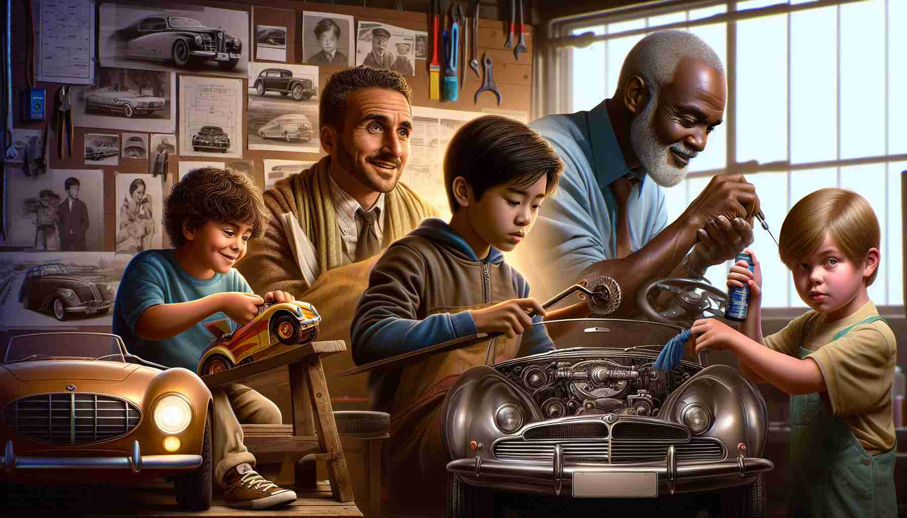 Generate a realistic high-definition image that depicts the evolution of a passionate car enthusiast. Begin with a young Middle-Eastern boy with an eager look in his eyes, his hands gripping a toy car. Transition to a South Asian teenager in a garage, studying a car manual intensely. In the center, portray a Caucasian adult man expertly tuning a classic car engine. To the far right, visualize an older Black man teaching a young Eastern Asian girl about the mechanics of a car. Let us travel through time and cultures, feeling their shared passion for cars.