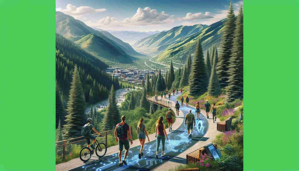 Generate a realistic, high-definition image of people from various descents and genders exploring a futuristic trail in Park City, Utah. Imagine that the trail is equipped with advanced technologies such as solar-powered lighting and smart benches. It winds through lush mountain scenery, with towering pine trees and a stunning view of the valley below. Hikers, mountain bikers, and trail runners are enjoying the path, demonstrating the diverse future of trail use in this picturesque location.