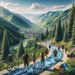 Generate a realistic, high-definition image of people from various descents and genders exploring a futuristic trail in Park City, Utah. Imagine that the trail is equipped with advanced technologies such as solar-powered lighting and smart benches. It winds through lush mountain scenery, with towering pine trees and a stunning view of the valley below. Hikers, mountain bikers, and trail runners are enjoying the path, demonstrating the diverse future of trail use in this picturesque location.