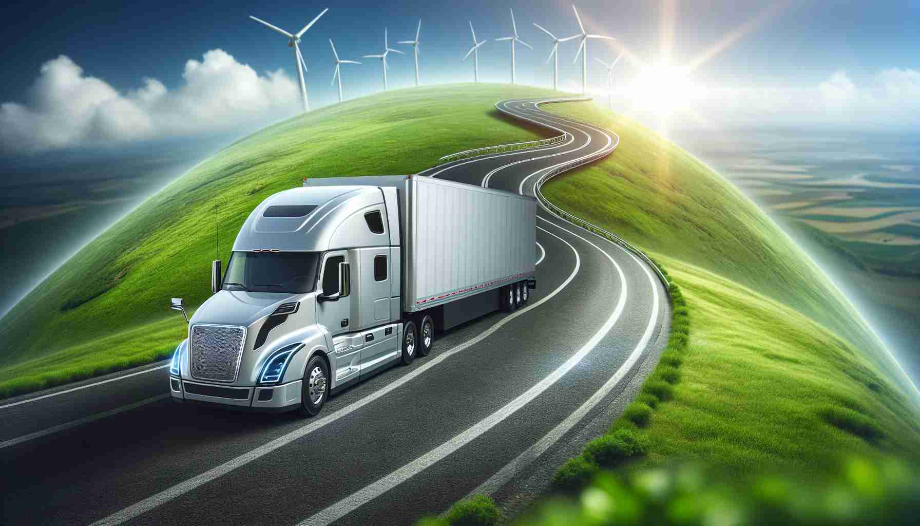 Detailed HD image of an electric semi-truck, emblematic of a major car manufacturer's global expansion efforts. The background is a winding road stretching towards the horizon, symbolizing the road ahead for the environmentally friendly automotive industry. Bright sunshine illuminates the path, signifying optimism about the green transportation future.