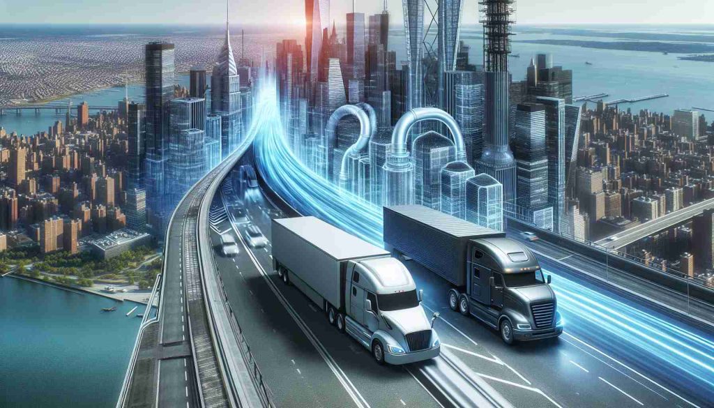 A realistic, high-definition photo illustrating the concept of New York's movement towards adopting electric trucks and experiencing resistance. The image contains a futuristic cityscape of New York with modern buildings and electric trucks seen on the roads. The opposition is symbolically represented as a traditional gasoline truck trying to move against the flow of electric trucks.