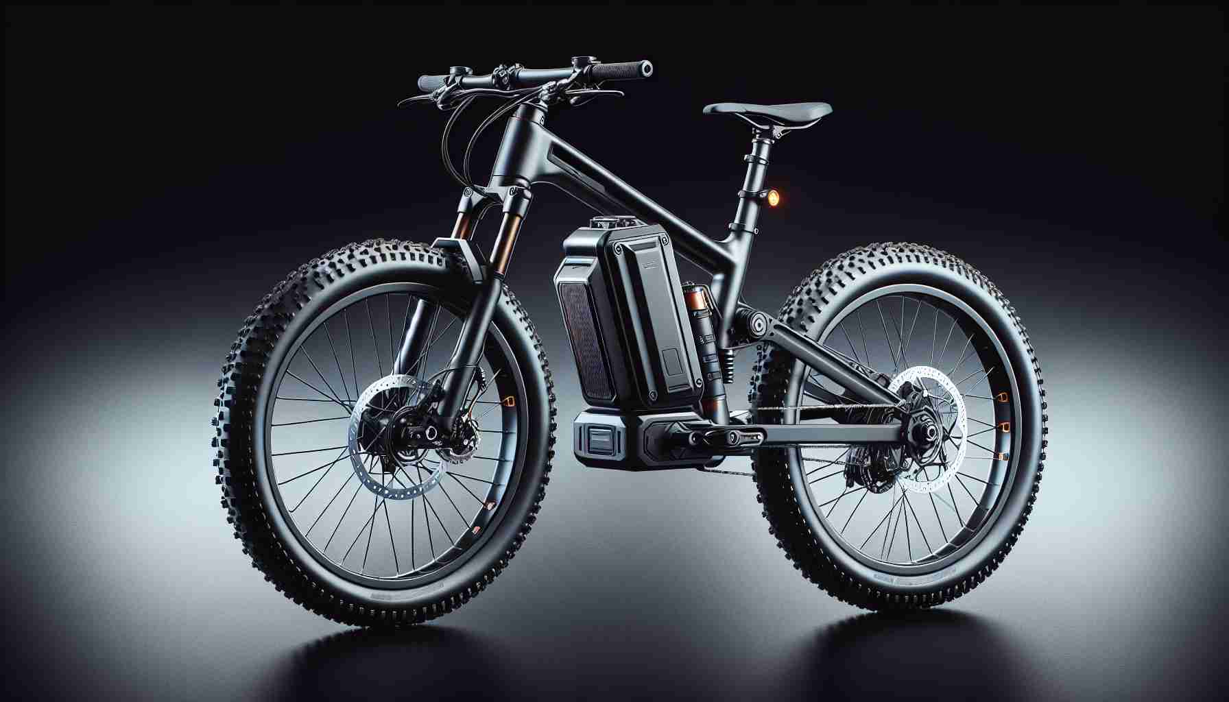 A high-definition, realistic image of an innovative electric adventure bike, labeled as the 'Trailblazer MX'. The bike design should emphasize eco-friendly power and adventuring capabilities. Key features to focus on include solid tires suitable for rocky terrain, a sleek frame for higher speeds, a compact battery compartment central to the bike, and modern aesthetic detailing associated with recent advancements in electric travel technology.